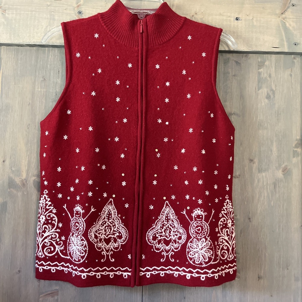 Talbots Women's L Merino Wool Holiday Christmas Sweater Vest Zipper Red Snowman